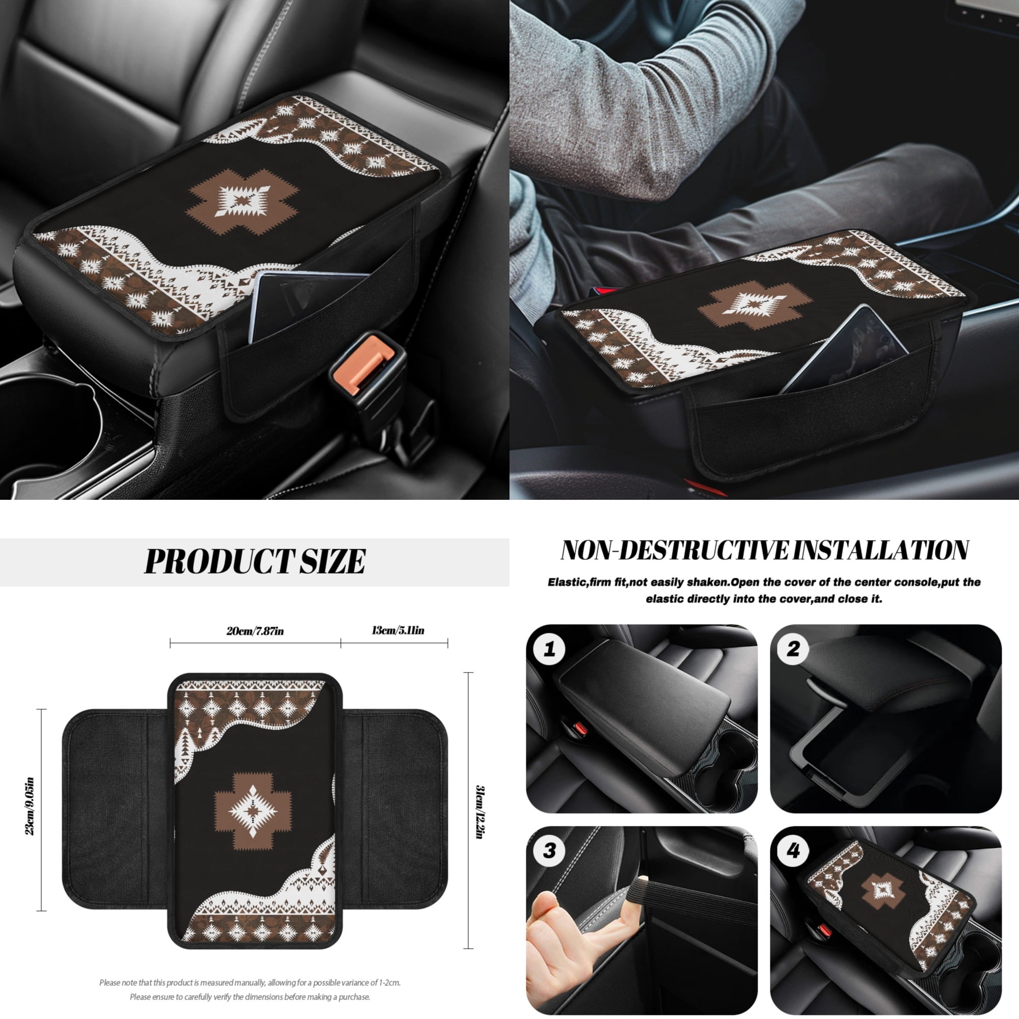 Yuyamidu Aztec Ethnic Gemoetric Car Seat Covers Set 14 Pcs Auto Seat Protector with Steering Wheel Cover Seat Belt Pads Garbage Bag Armrest Cover Handbrake Cover Set Rear View Mirror Cover Coasters