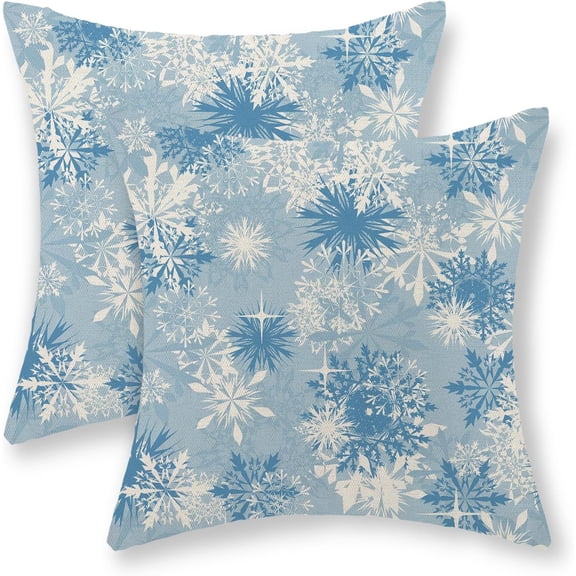 Christmas Pillow Covers 18x18 Set of 2 Winter Blue White Snowflake Throw Pillows Outdoor Christmas Decorations Blue Pillow Cases Linen Farmhouse Holiday Decor Cushion Covers for Couch Home