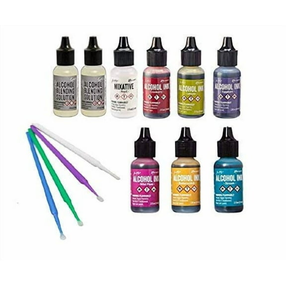 Tim Holtz Adirondack Alcohol Ink Value Pack Bundles of Favorite Colors Plus Pearl Mixative with Two Alcohol Blending Solutions, Bonus Purple Turtle Blending Sticks, Favorite 5 Bolds