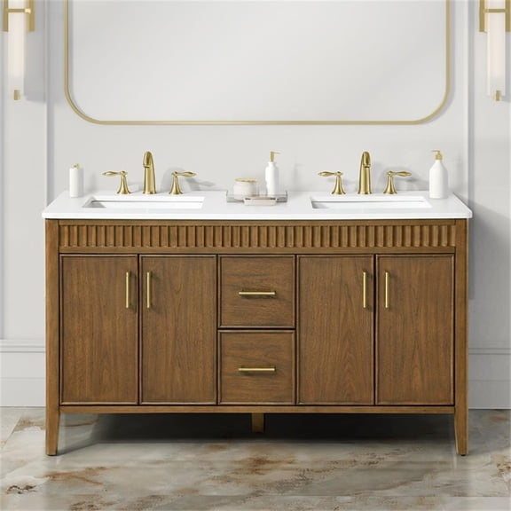 Pemberly Row 60" Bathroom Vanity in Warm Walnut with White Countertop