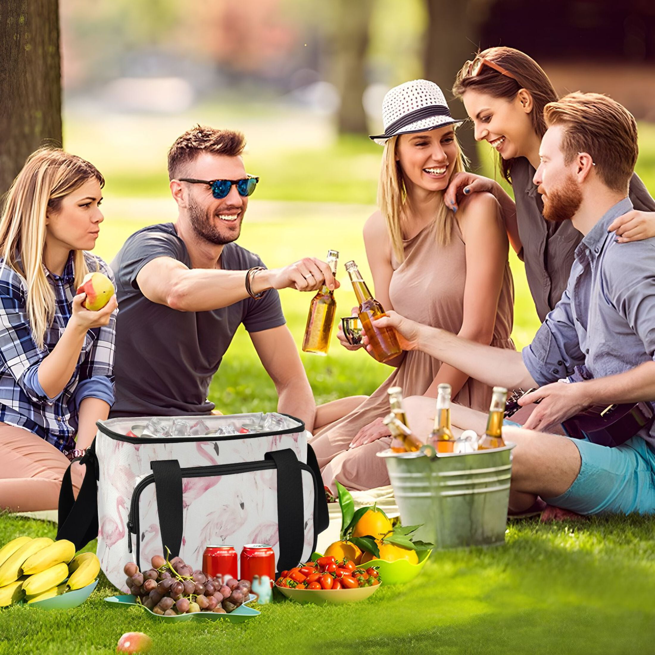 Insulated Cooler Bag with Multiple Pockets Lightweight Lunch Box Tote for Travel Beach Camping Office Pink Flamingos