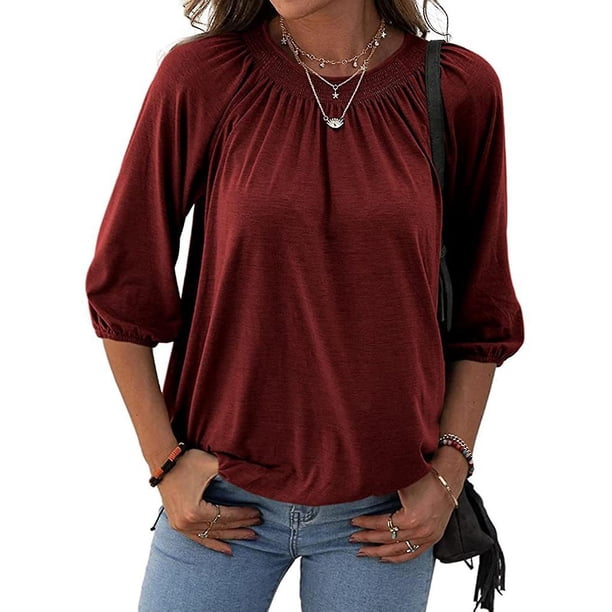 Camiseta de mujer Ropa de moda Top básico plisado de manga 3/4 para ir de vacaciones