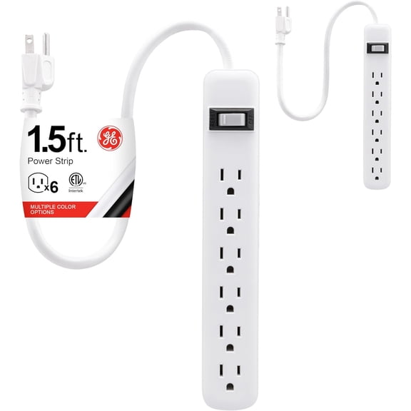 6-Outlet Power Strip 2 Pack 1.5 Ft Extension Cord Heavy Duty Plug Grounded Integrated Circuit Breaker 3-Prong Wall Mount ETL Listed White 14833 Polyvinyl Chloride