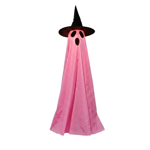 Liamobondopolis Light Up Standing Pink Ghost Decor, Fabric Ghost Figurine with Black Witch Hat for Halloween Yard Porch Indoor Outdoor Holiday Decor, 57.11 Inches