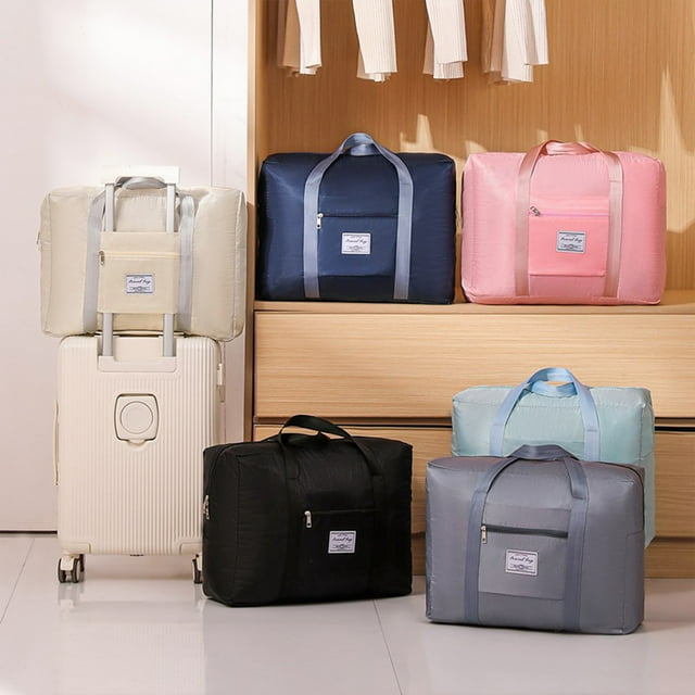 Bolsa de viaje plegable - Bolsa deportiva grande de gimnasio con correa en el hombro • Equipaje de mano de 45L • Tela Oxford • Azul marino, gris beige rosa