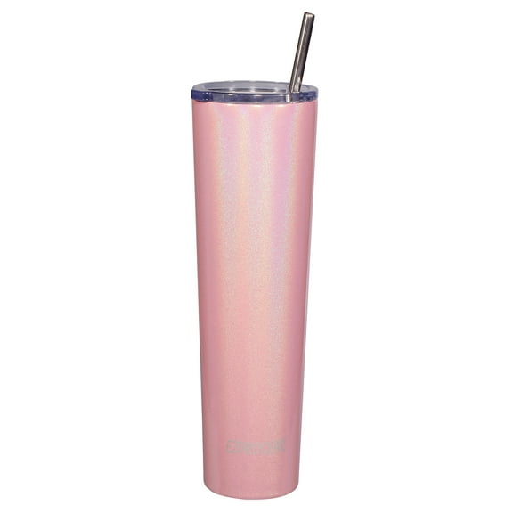 Ezprogear 34 oz Stainless Steel Slim Skinny Tumbler Vacuum Insulated Coffee Mug Water Cup with Straw (Glitter Carnation)