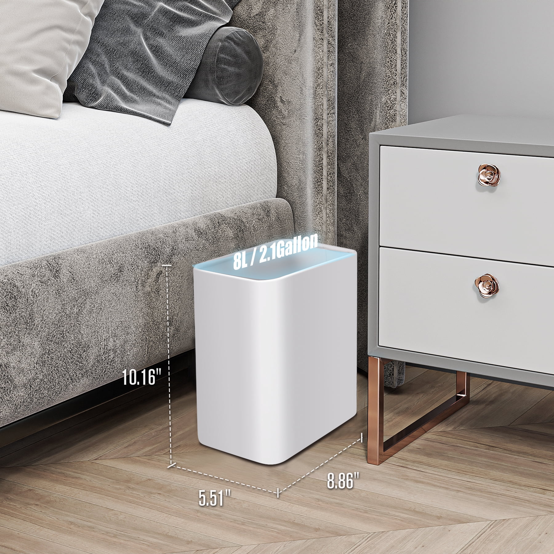 Cesun Small Bathroom Trash Can 2.1 Gallon Wastebasket, Modern Metal Garbage Can Office Waste Basket, White Stainless Steel Trash Bin for Bedroom, Home Office, Toilet, rv, Near Desk, Under Sink.
