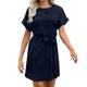 thumbnail image 1 of Vestido de Manga Corta para las Mujeres, Color Sólido Encaje Hasta Cintura Retracta Satén Tenedor Dividido, Cuello Redondo Midi, 1 of 8
