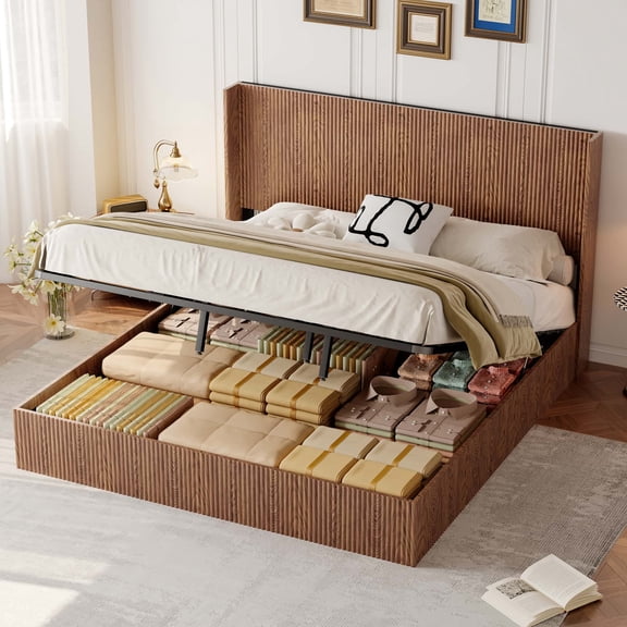 King Bed Frame with Hydraulic Lift Storage, Rustic Wood Platform Bed with Noise-Free Slats, Underbed Organization & Farmhouse Headboard, No Box Spring Needed, Walnut Brown