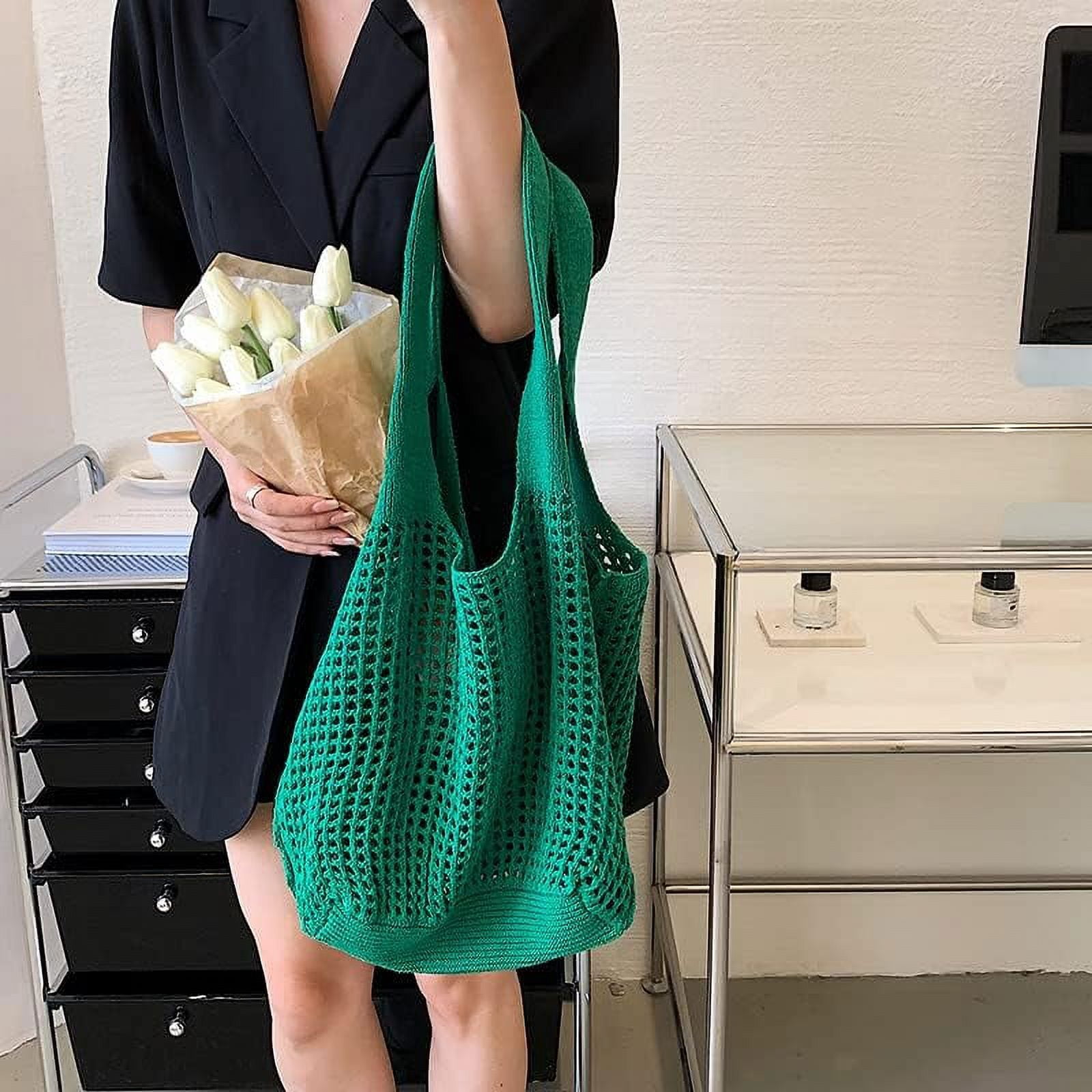 LinYooLi Crochet Tote Bag, Cute Boho Knit Tote Bag Aesthetic Y2K Large Crochet Beach Bag Shoulder Bag Handbag