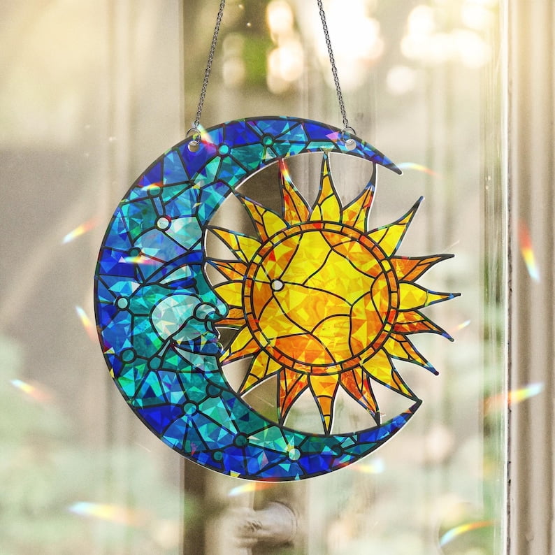 ViciArt Celestial Sun and Moon Acrylic Window Hanging – 12" Holographic Suncatcher, Boho Spiritual Décor