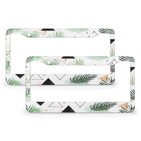 2 Pcs Set Watercolor Palm Leaves And Abstract Geometric Triangles License Plate Frames Boho Abstract Geometric Tropical Car License Plate Frame Stainless Aluminum 2 Hole for Girl Women Men Vehicles
