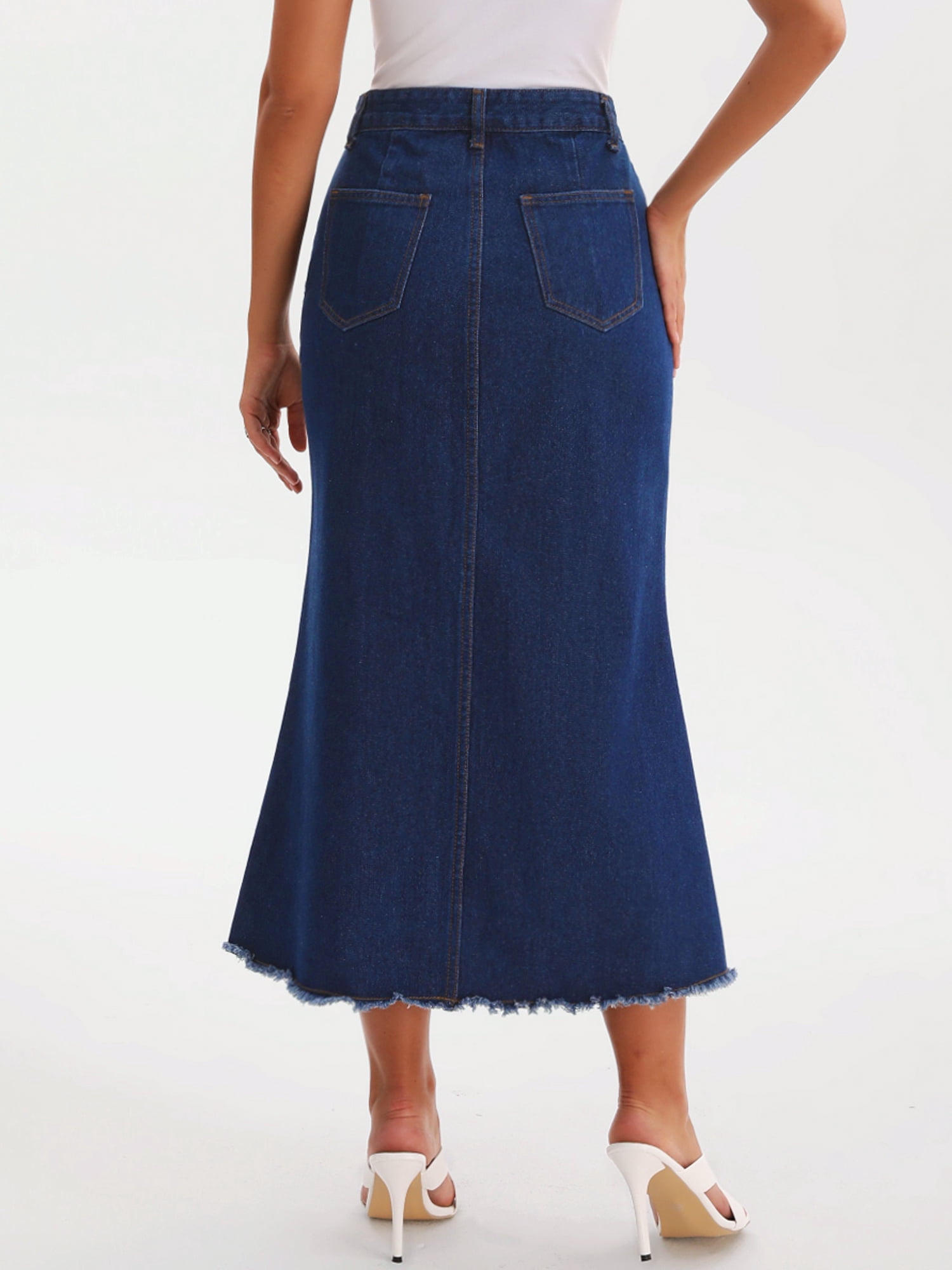 DARING DIVA Women's Denim Maxi A Line Raw Hem Jean Skirt X-Large Deep Blue