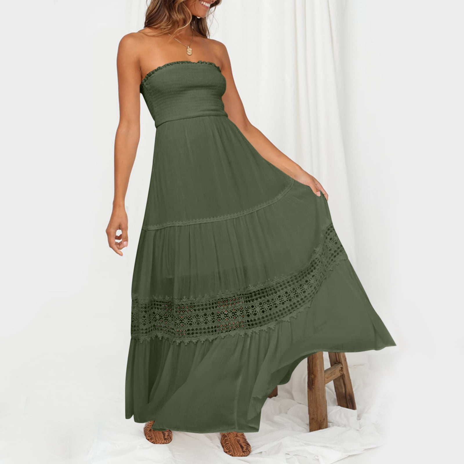 Summer Dresses For Women 2024 Vacation Summer Bohemian Strapless Off Shoulder Lace Trim Backless Flowy A Line Beach Long Maxi Dress