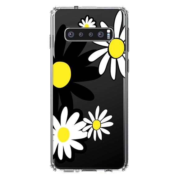 DistinctInk Clear Shockproof Hybrid Case for Samsung Galaxy S10  PLUS (6.4" Screen) - TPU Bumper Acrylic Back Tempered Glass Screen Protector - Black & Yellow Modern Daisies