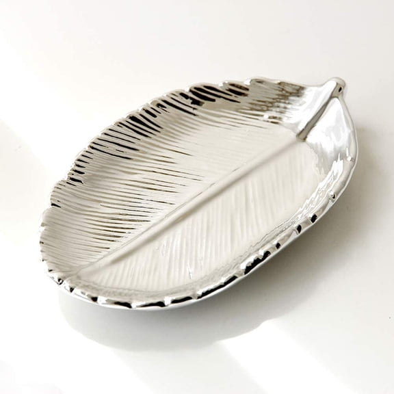 1 Pack Ceramic Silver Leaf-Shaped Jewelry/Keys/Small Objects Storage Tray, Candy, Snack Tray, Photo Props Home Decor Mini Accessories (Silver)