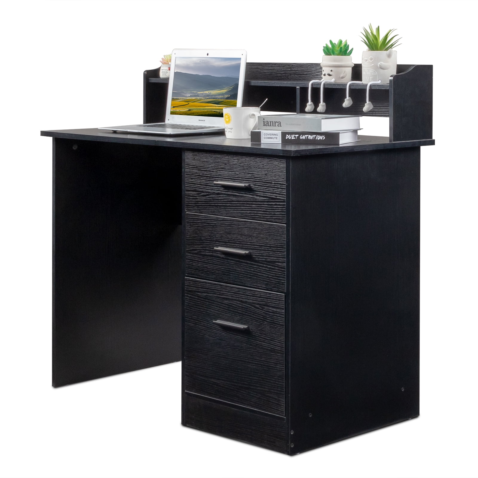 Computer Desk, Particleboard Paste Triamine Desktop Storage Layer Three Drawers Black Wood Grain, 110*50*95cm
