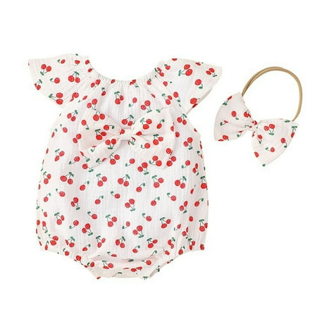 

ZRBYWB Babys Girls Romper Summer Children S Summer Clothes Cotton Crepe Full Print Cherry Triangle Hayi Flying Sleeve Girl S Bag Fart Clothes Climbing Clothes