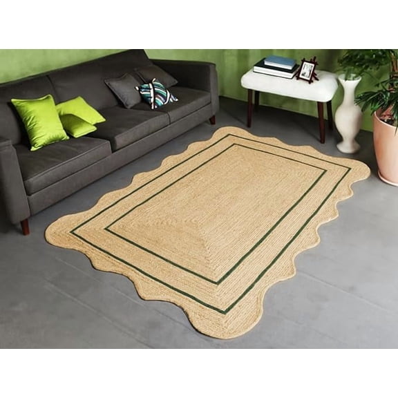 2x3 Ft Green Border Premium Scalloped Jute Rug | Boho scalloped rug for Living Room | Bedroom | Kitchen | Hallway | Entryway