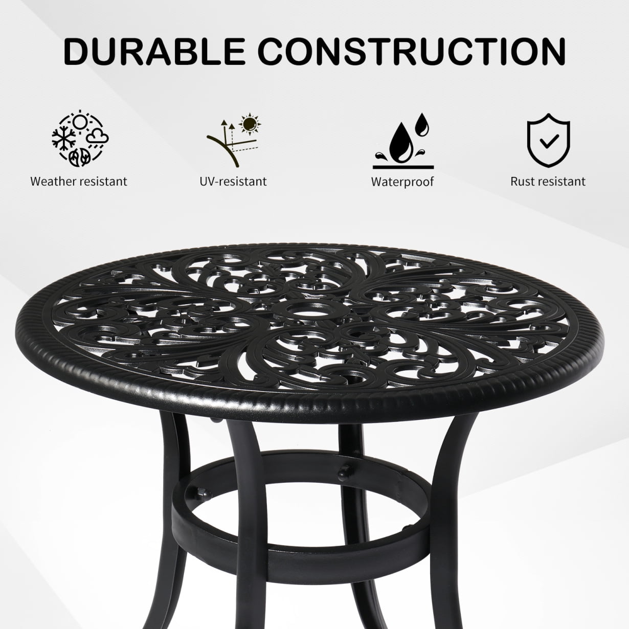 23.6 inch Patio Side Table, Cast Aluminum End Table with Adjustable Footpads, Outdoor Small Coffee Table with Umbrella Hole, Round Metal Patio Table for Poolside, Backyard, Balcony