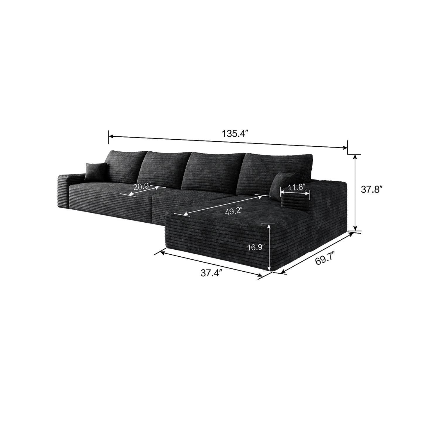 Demi Bonn 135" L-Shaped Cloud Sectional Sofa with Chaise, Modern Deep Seat Modular Couch for Living Room/Bedroom, No Assembly Needed, Black