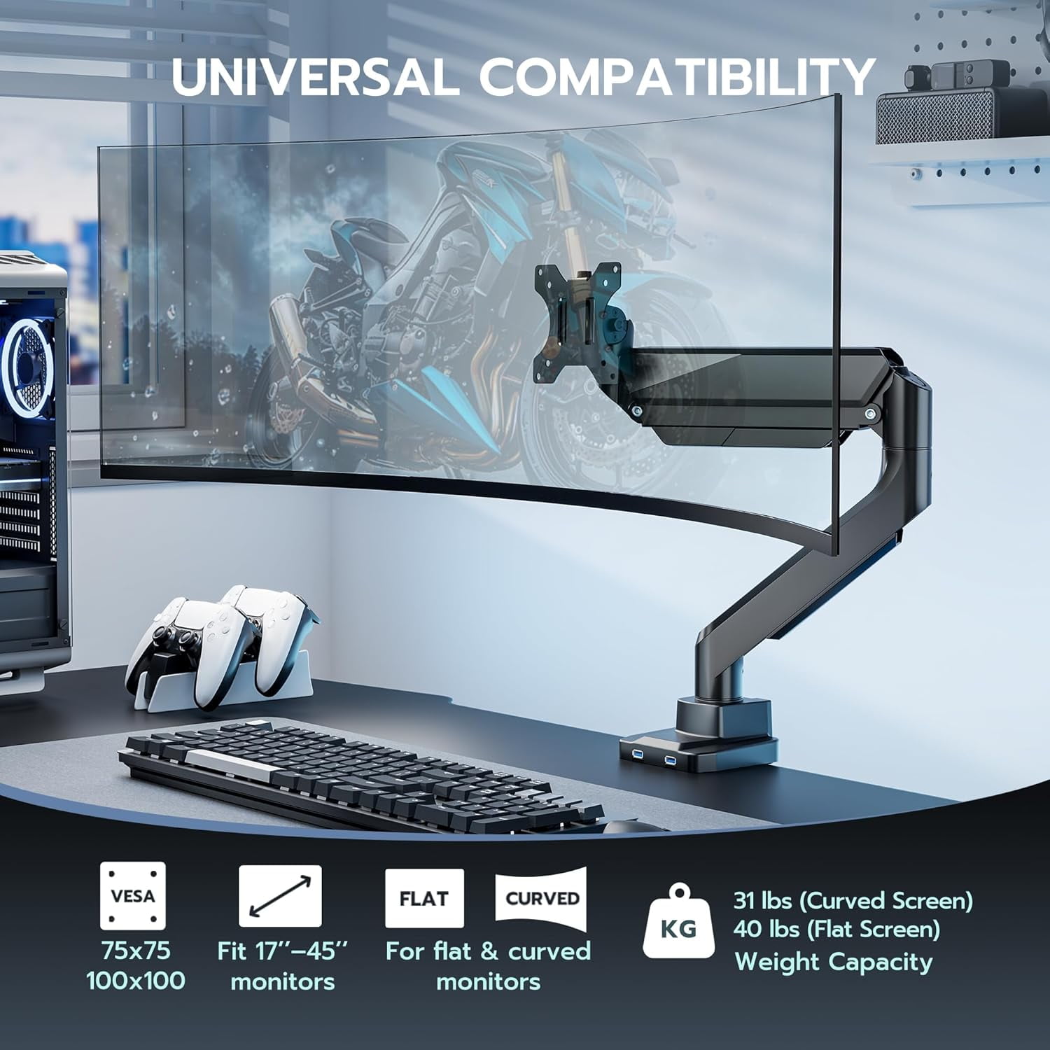ARES WING Single Monitor Arm with USB, Heavy Duty Adjustable Monitor Arm for 13"-49" Screens, Gas Spring Monitor Arm Desk Mount with Clamp & Grommet Base Holds up to 40 lb, VESA 75x75 100x100, Black