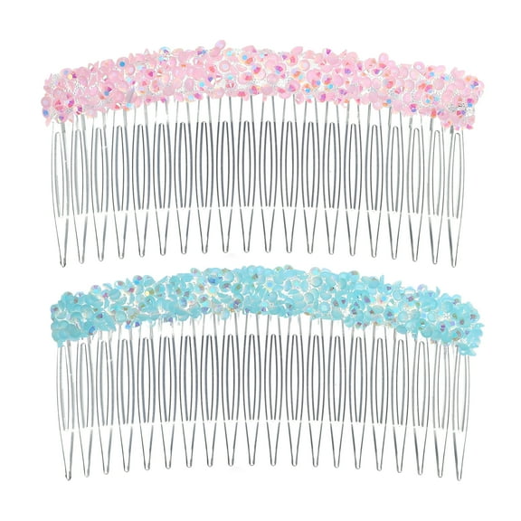 Unique Bargains 2pcs Rhinestone Side Hair Comb 20 Wide Teeth Side Combs Sequins Side Hair Comb for Women Pink Blue