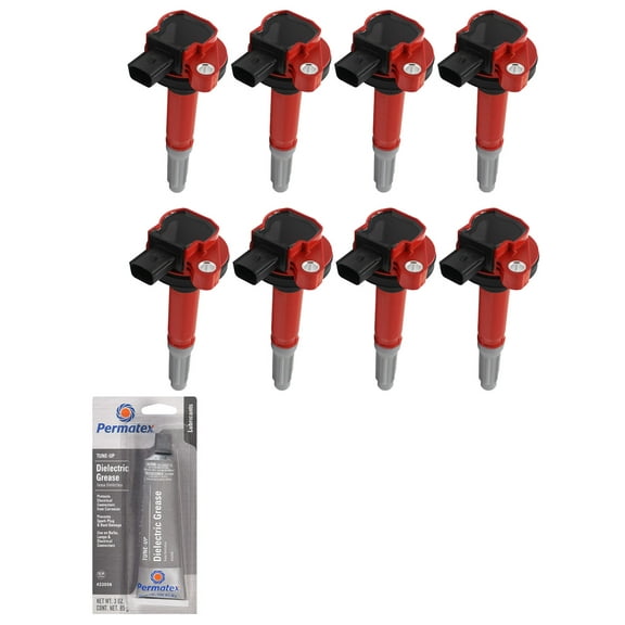 Set of Red Ignition Coils and Tune-Up Grease Compatible with 2011-2014 Ford F-150 5.0L V8 4951cc 302ci Replacement for UF622