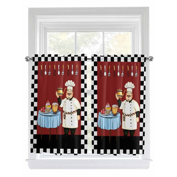 Kitchen Curtains 45 Inches length, Chef Window Treatment Curtain Drapes, Cartoon Red Food Cooking Black White Buffalo Check Lightweight Window Panels for Living Room Bedroom, 52"x45", 2 Panels