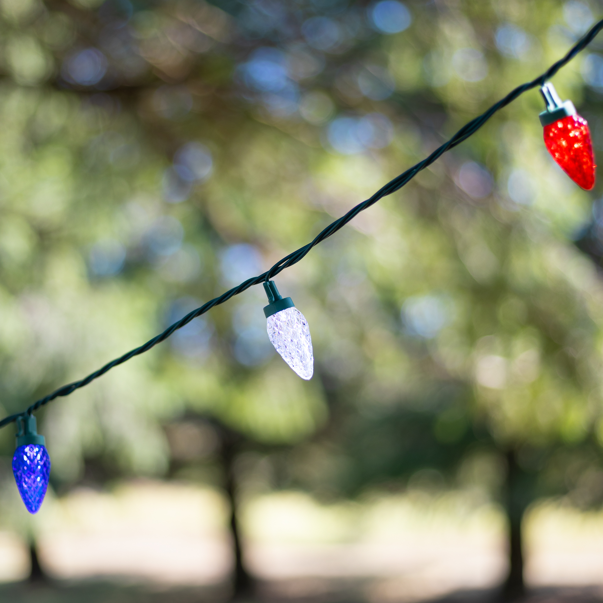 Patriotic LED C9 Faceted Christmas Lights - Red White and Blue - 66' Green Wire - 100ct