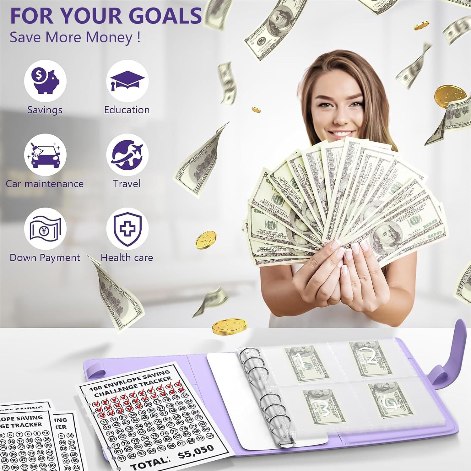 PandaTop 100 Envelopes Money Saving Challenge Binder, Blue Savings Challenges Book with Envelopes, Savings Binder Budget Binder with Cash Envelopes to Save $5050