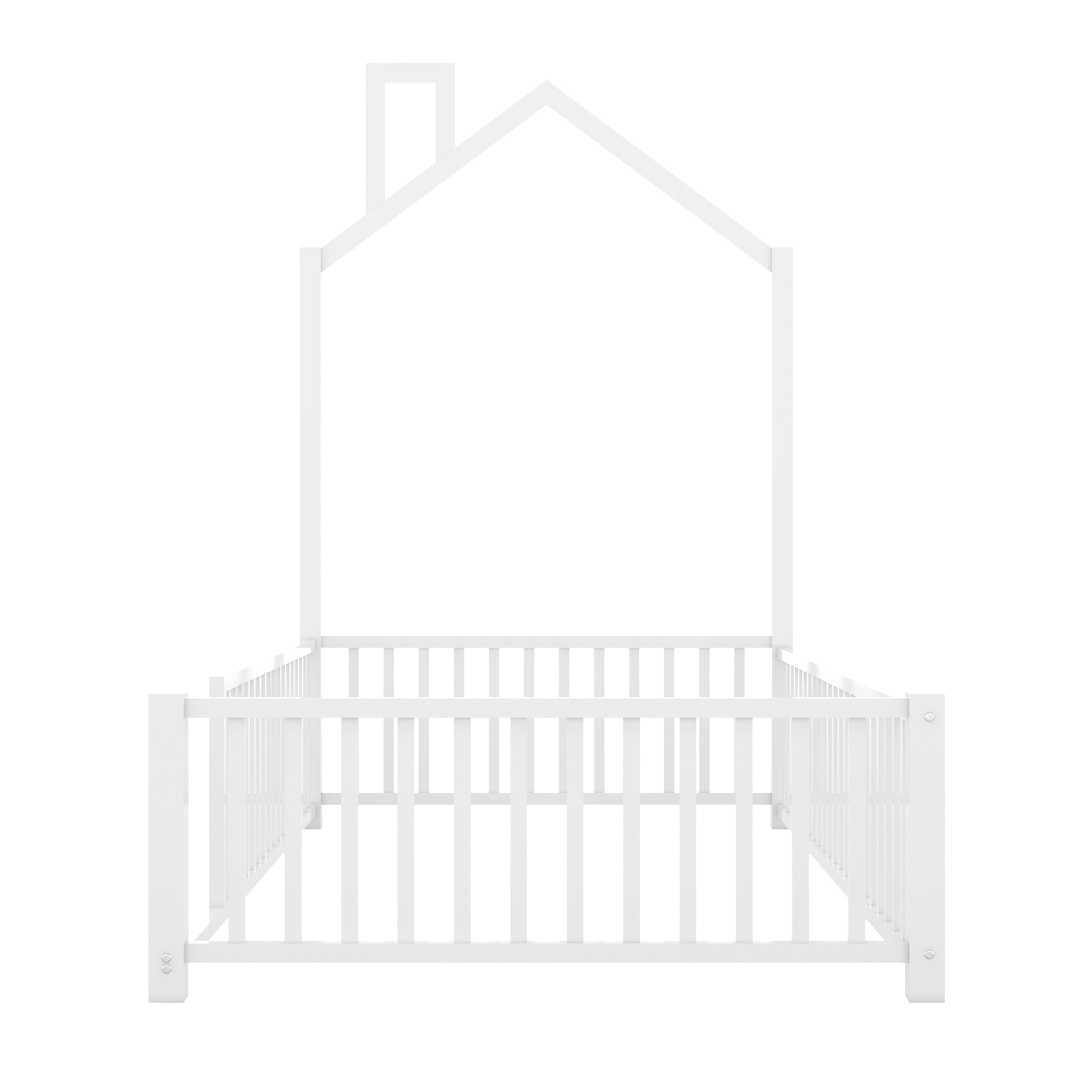 MODERNLUXE Twin Size Platform Bed Frame, House Floor Bed with Guardrail and Chimney, White