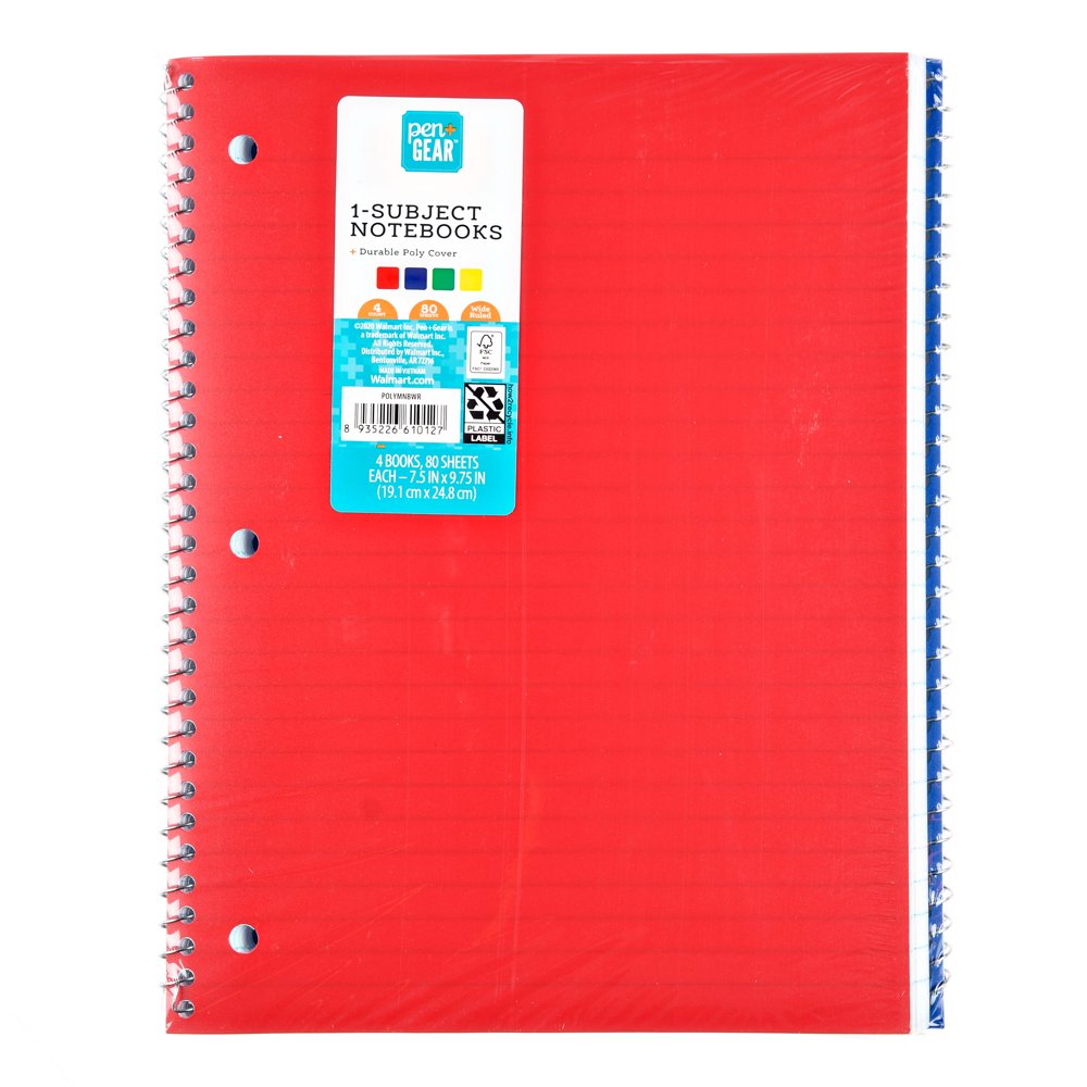4 Pack, Pen + Gear 1Subject Notebook, Wide Ruled, 10.5" x 8", 80