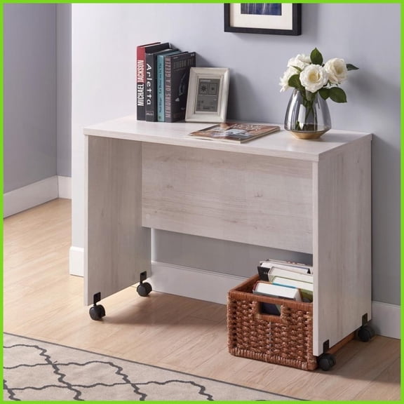 Mid-Century White Oak Mobile Coffee Table with Lockable Wheels, Easy to Move for Living Room