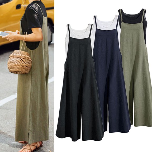 Joernso Summer Romper Solid Color Baggy Casual Simple Backless Oversized Square Neck Adjustable Shoulder Strap Wide Leg Summer Jumpsuit Female Clothes
