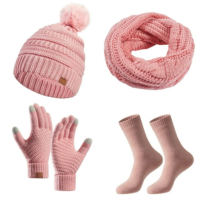 Fgnfyis Winter Solid Color Knit Hat Scarf and Gloves Set Warm Comfortable Windproof Three Piece Accessory Pink