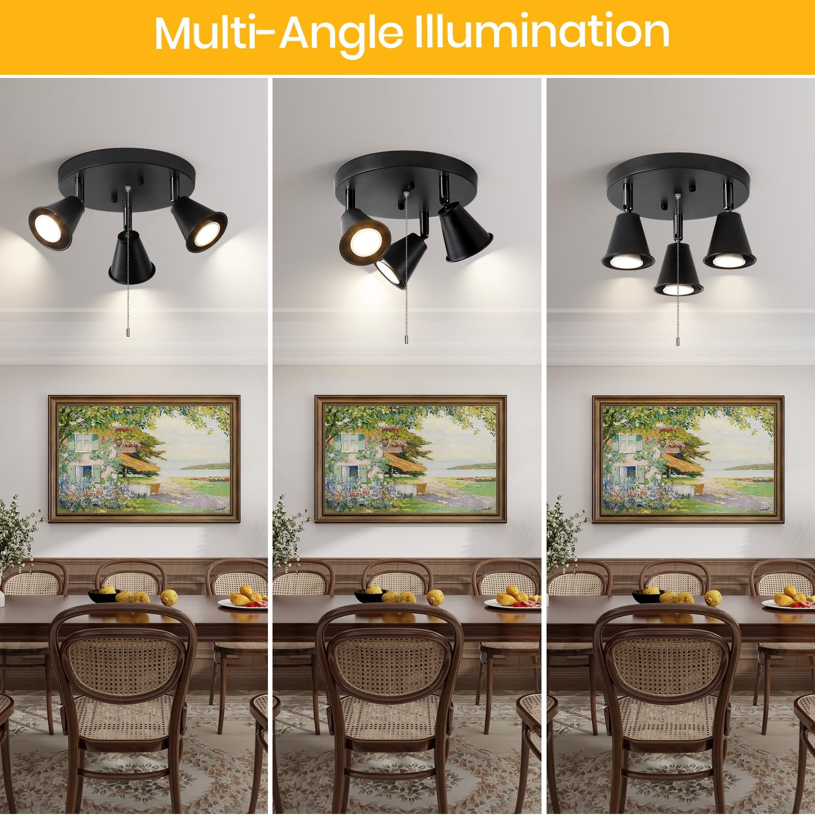Directional Track Lighting Industrial Modern with Pull Chain On Off 3-Light Black Ceiling Spotlight Flush Mount