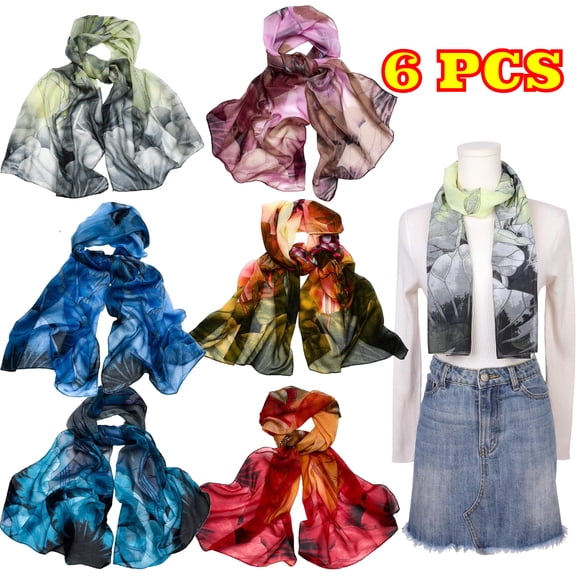 6 Pcs Scarves for Women Lightweight Summer Floral Print Pattern Scarf for Women Dressy Long Thin Scarf Shawl , Bright Style