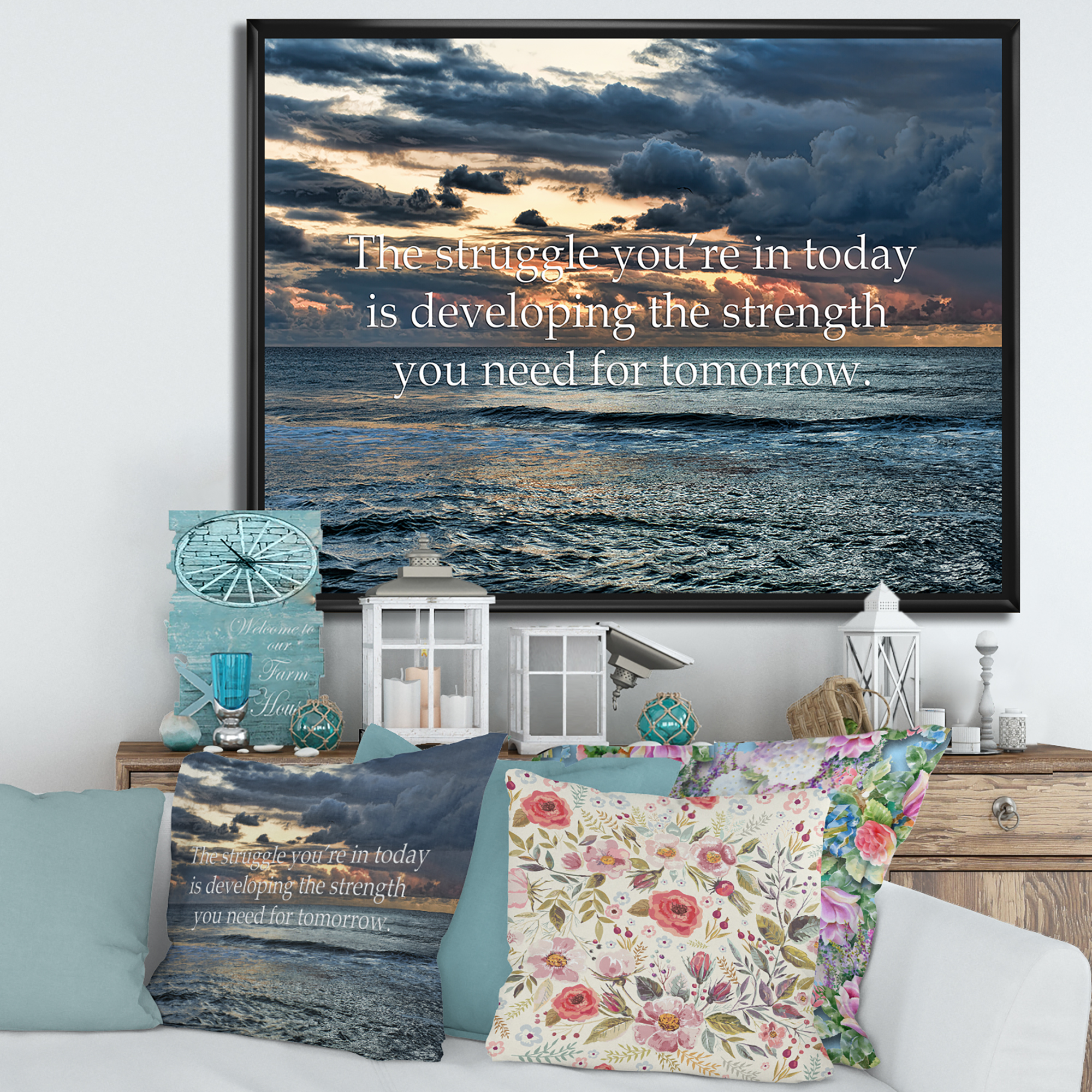 Designart 'Inspirational Quote and Ocean' Nautical & Coastal Framed Canvas Wall Art Print