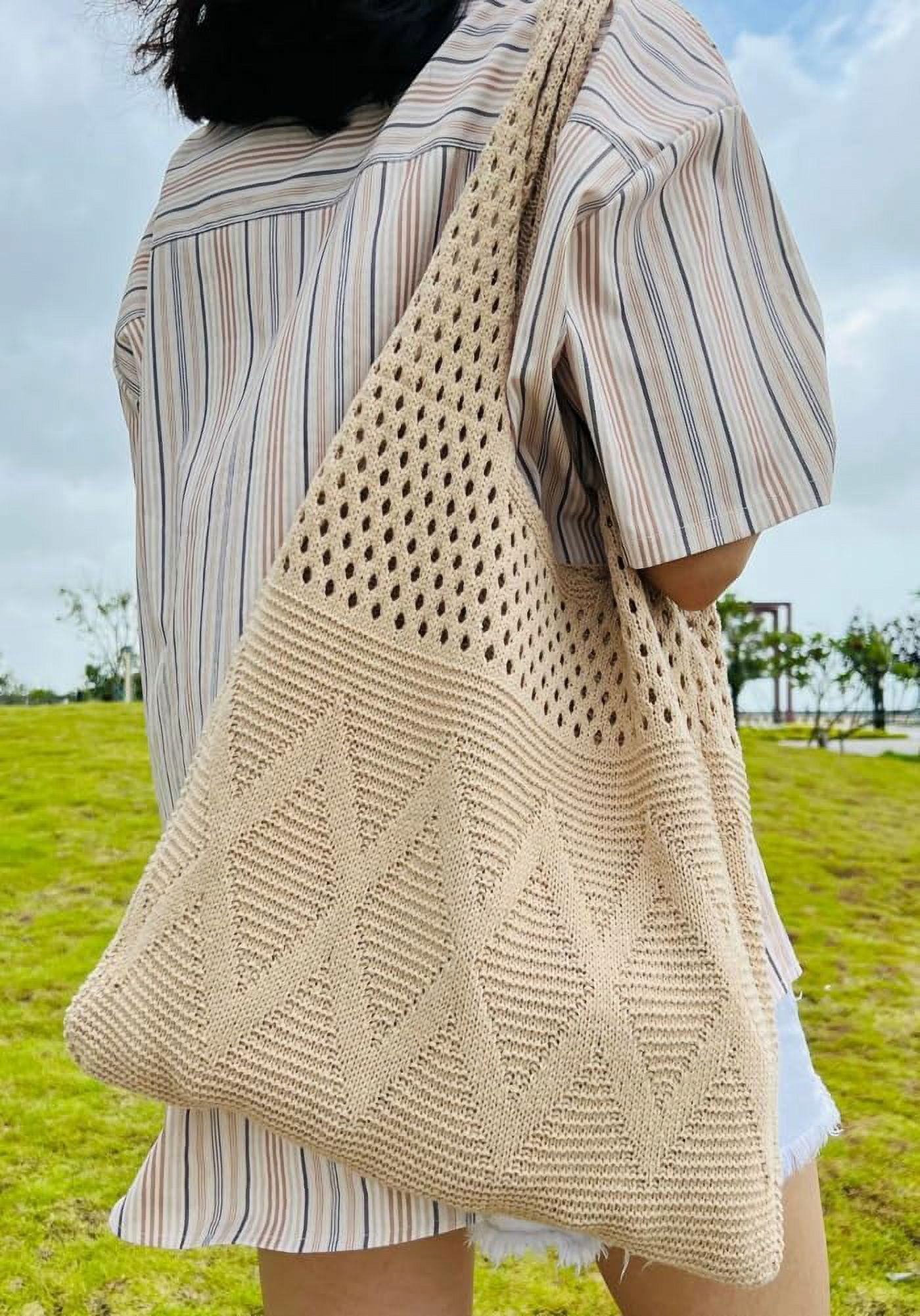 Kukuzhu Women's Crocheted Tote Bag Knitted Hobo Beach Bag Aesthetic Handmade Shoulder Handbag Cute Purse Travel Shopper