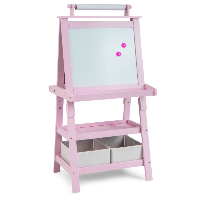 Barara King Kid's Art Easel with Drawing Board, Drawing Easel with Paper Roll, 3-in-1 Double-Sided Storage Art Easel for Study Room, Home Office, Living Room, Pink