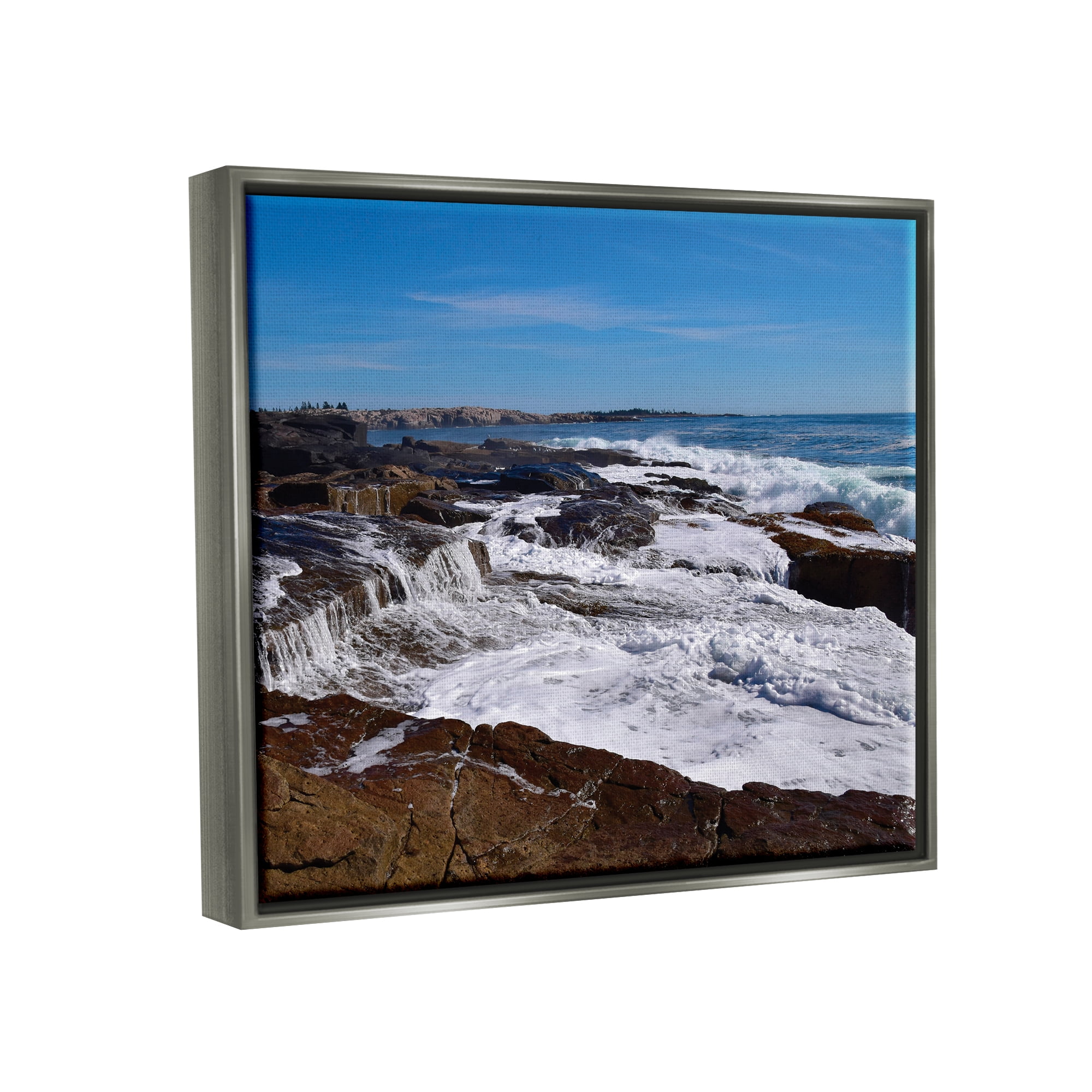 Stupell Industries Ocean Cliff Waterfall Nature Photography Gray Floater Framed Art Print Wall Art, 21 x 17
