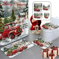 Merry Christmas Shower Curtain Sets 4 Pcs with Shower Curtain,Non-Slip Rugs,Toilet Lid Cover, Bath Mat and 12 Hooks Vintage Red Truck Christmas Tree Rustic Farmhouse Cute Dog Bath Curtain Set