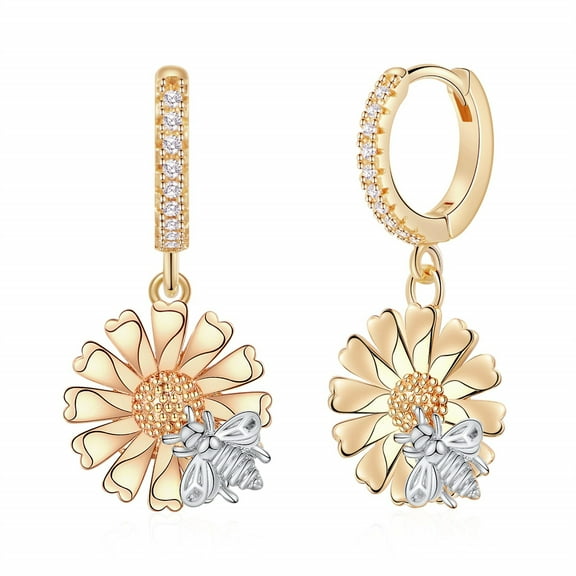 Sunflower Earrings for Women Huggie Hoop, Hypoallergenic S925 Sterling Silver Post 14K Gold Plated CZ Bee Daisy Sunflower Drop Dangle Hoop Earrings Dainty Huggie Earrings for Women Jewelry Gifts