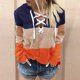 thumbnail image 2 of Mujeres Otoño Invierno Color bloque estampado vendaje cruzado cuello en V cultivo entrenamiento raya costura manga larga Sexy sudadera con capucha blusa pulóver Fridja  fhghd558, 2 of 5