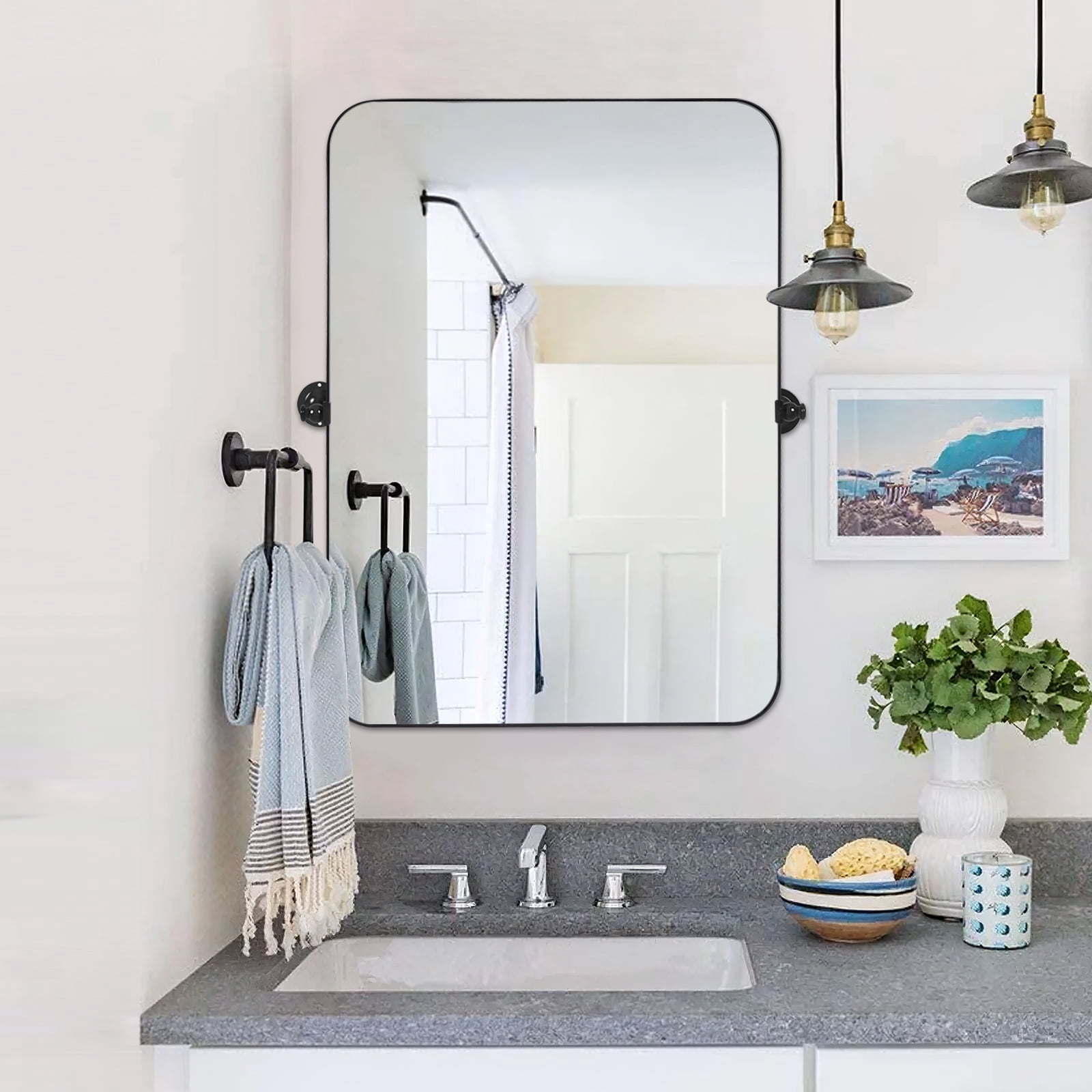 MAYEERTY 36"×24" Black Iron Rectangular Wall Mirror Rounded Corners, Rotating Hardware for Bathroom or Bedroom