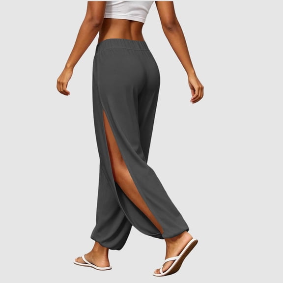 Solid Side Slit Harem Yoga Pants Women Elastic Drawstring Waist Lightweight Beach Lounge Casual Pants Dark Gray XL