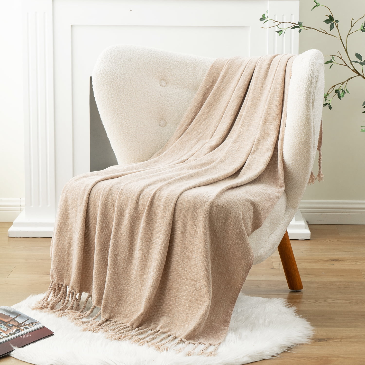 Beige Chenille Throw Blanket,Decorative Tan Knit Blanket for Living Room Decor,50"x60"