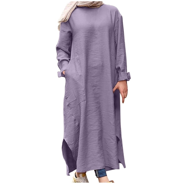 Robe à Manches Longues pour Femmes Mode Féminine Col Rond Poches Amples Robe Longue Mi-Mollet Unie