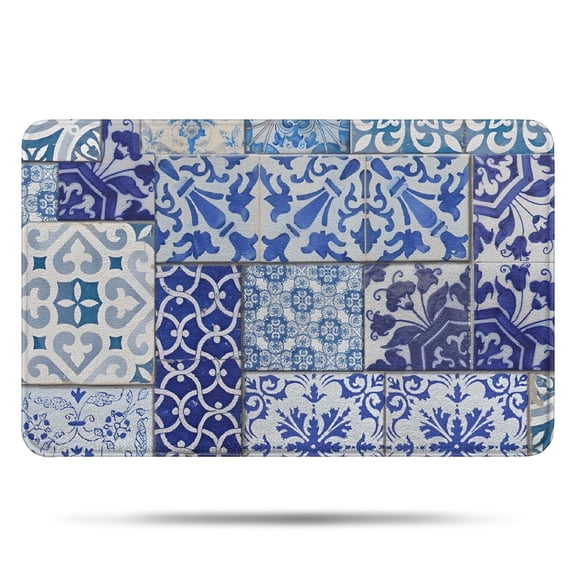 Blue Ethnic Floral Patchwork Pattern Bathroom Rugs Mat,Non Slip Microfiber Bathroom Rug,Rubber Backing,Soft Bathroom Mats for Bathroom Floor,Tub and Shower,17x27in(43x68cm)